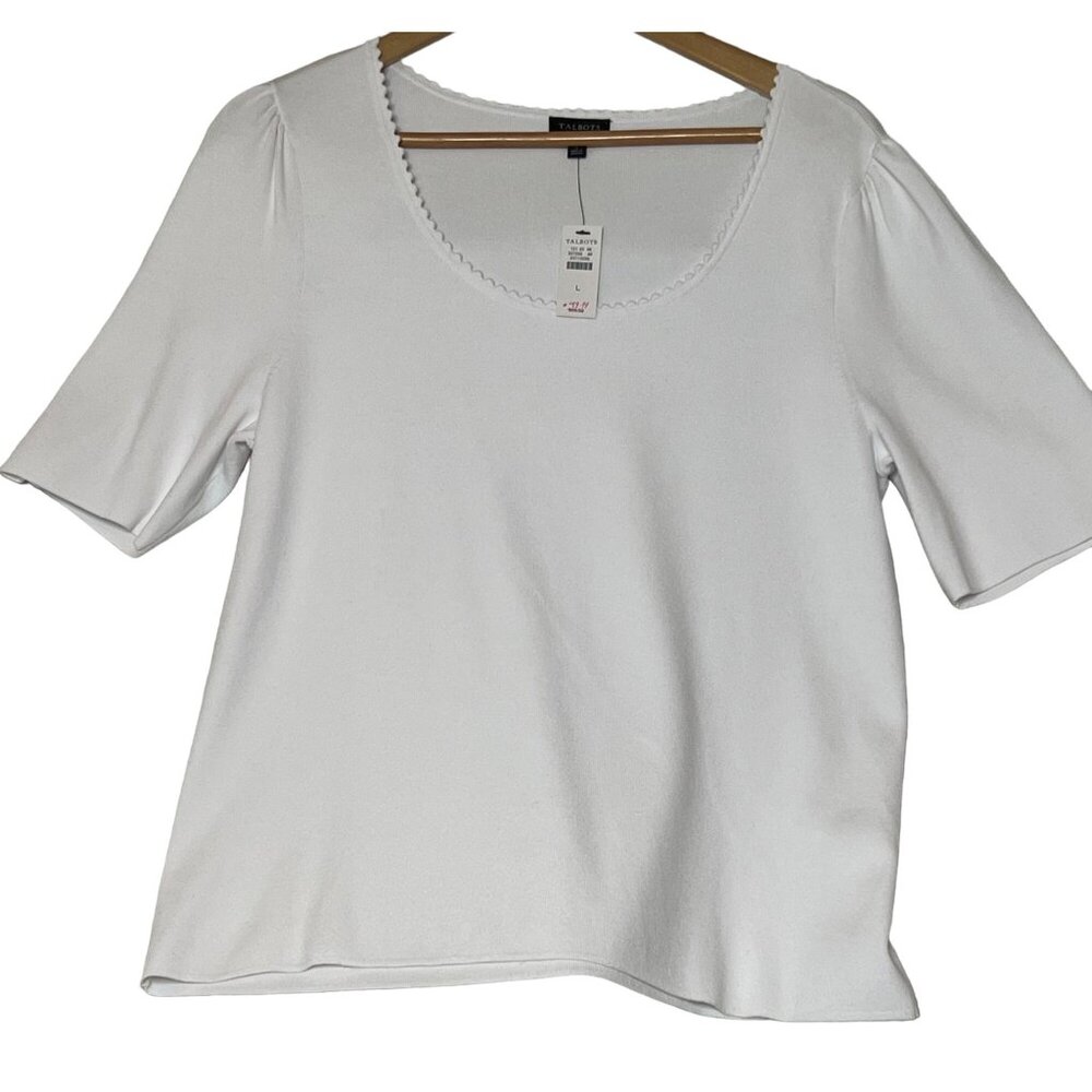 NWT Talbots White Scoop Neck Short Sleeve Top Large Pull Over Minimalist Stretch